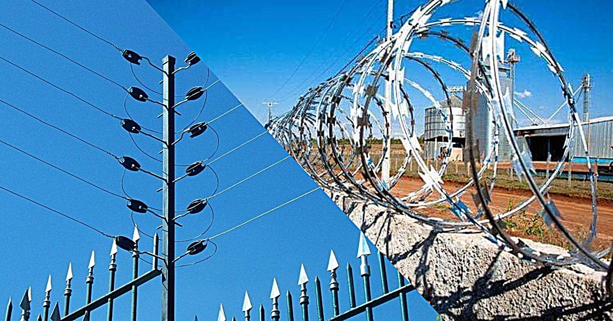 Cerca elétrica e concertina instaladas sobre muro
